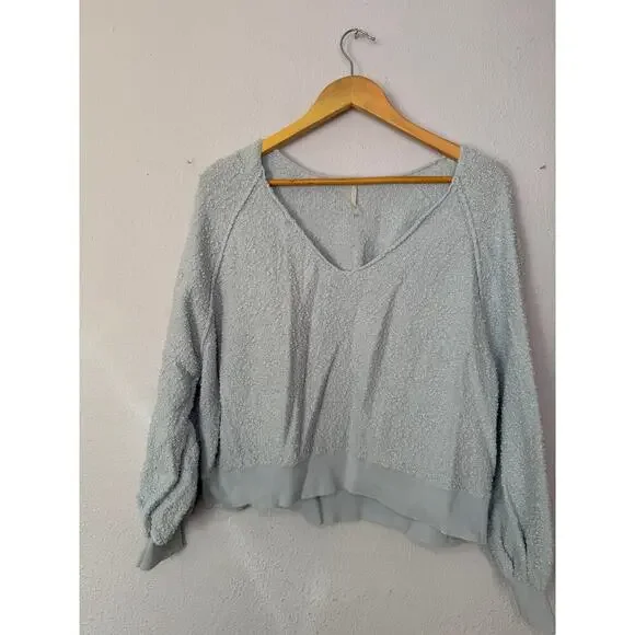 Free People Sweater Found My Friend Light Blue Textured Pullover Cozy Womens L - Picture 2 of 8